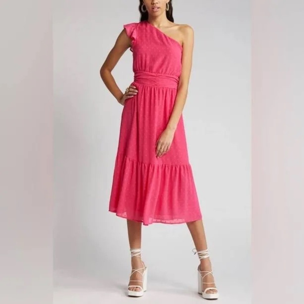 Chelsea28 Swiss Dot One shoulder midi dress